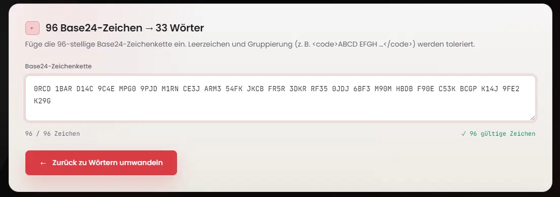 96 Base24-Zeichen → 33 Wörter